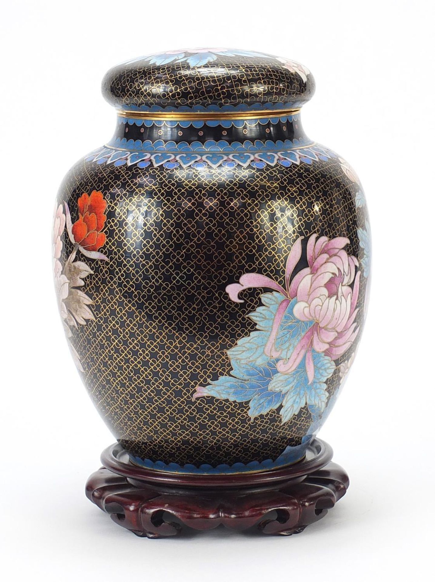 Large Chinese cloisonné ginger jar and cover enamelled with flowers, raised on a carved hardwood - Image 2 of 6