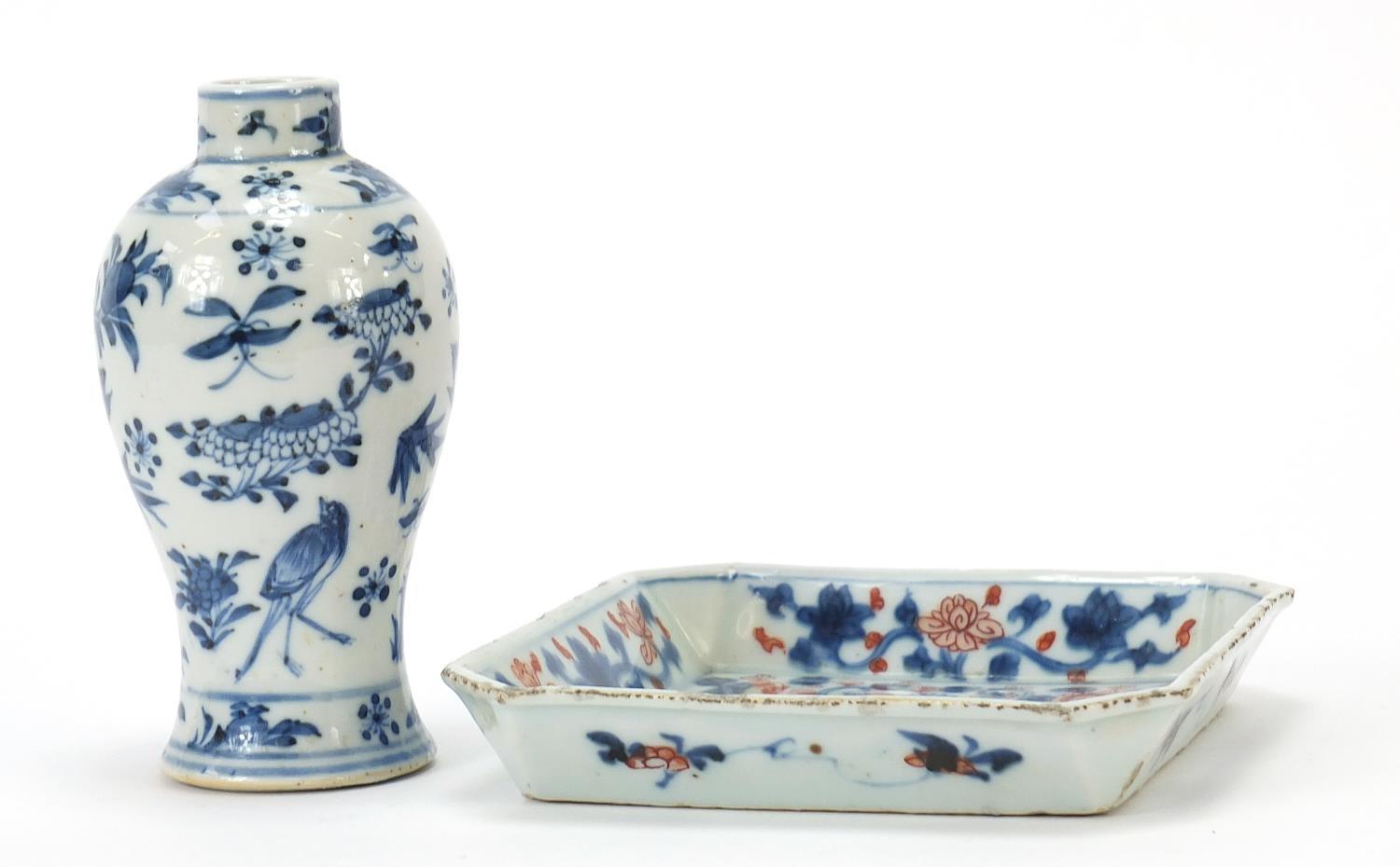 Chinese blue and white porcelain baluster vase and a square dish hand painted in the Imari palette - Image 2 of 8