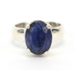 Blue sapphire gemstone silver ring, approximately 14.0 carat, size M, 6.4g
