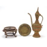 Tibetan jewelled coffee pot on stand with faience scarab beetles and a Chinese carved hardwood