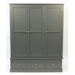 Contemporary grey three door wardrobe fitted with three drawers to the base, 181cm H x 140cm W x
