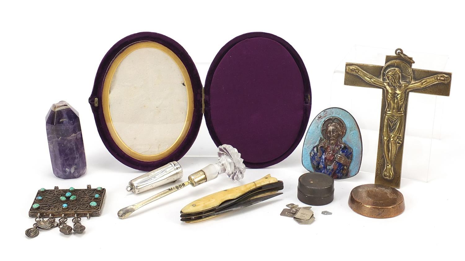 Antique and later objects including a silver cheroot case, glass handled silver gilt scoop, early