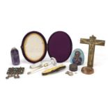 Antique and later objects including a silver cheroot case, glass handled silver gilt scoop, early