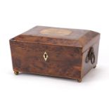 19th century inlaid bird's eye maple work box with fitted lift out interior and gilt ring turned