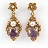 Pair of 9ct gold amethyst and pearl drop earrings, 25mm high, 3.5g