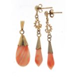 Pair of gilt metal coral drop earrings and similar pendant, the earrings 4cm high, total 3.0g