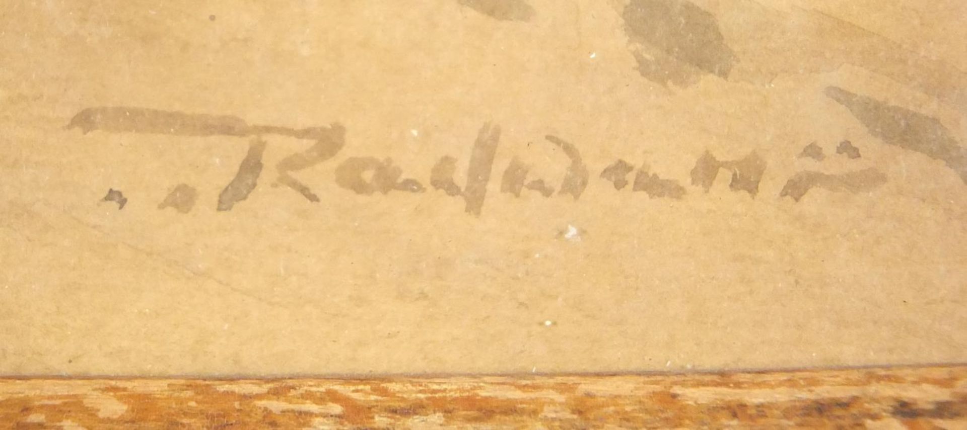 Radan Rolandson? - Snowy street scene, watercolour on board, mounted in an oak frame, 28cm x 22cm - Image 3 of 4