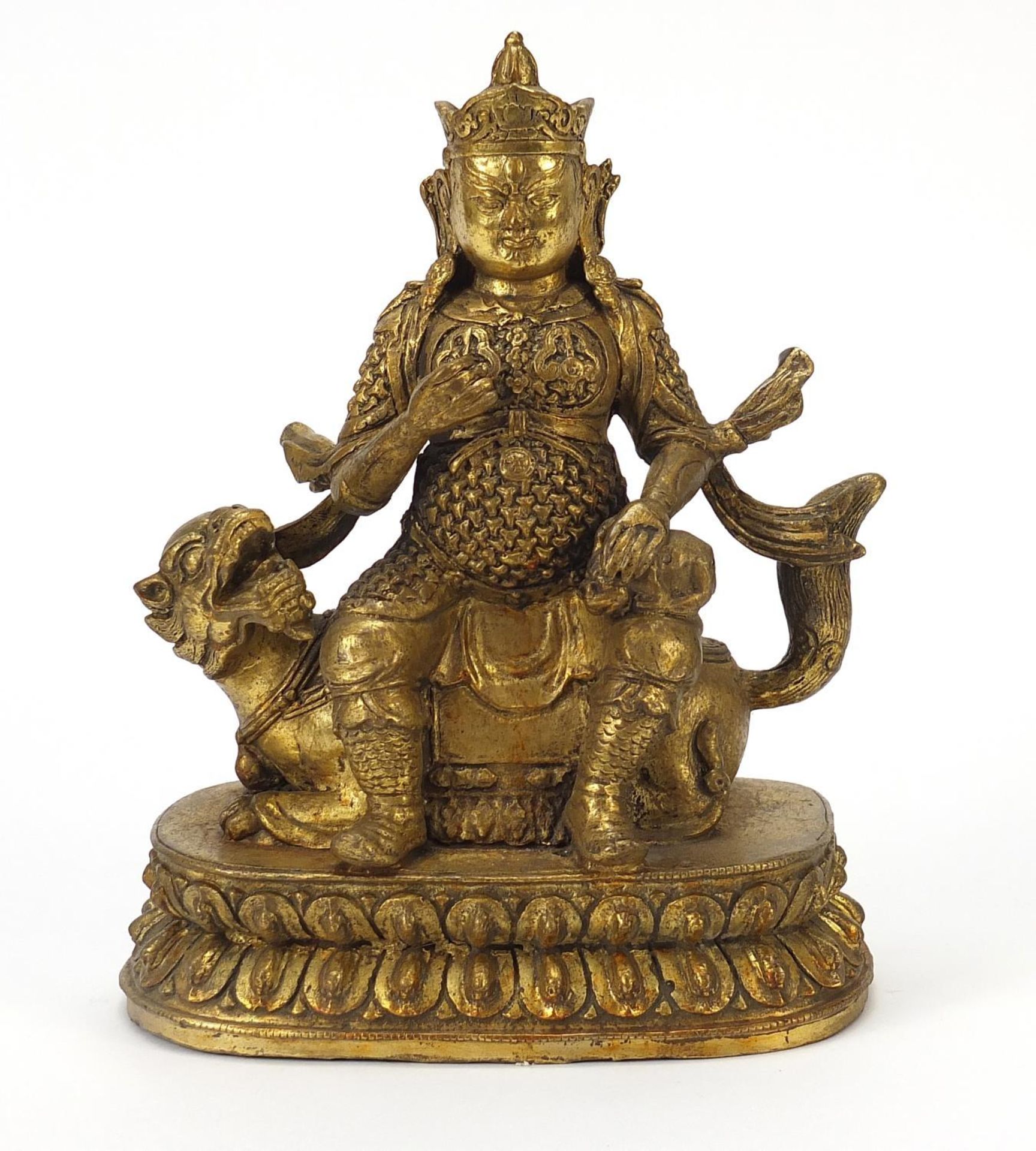 Chino Tibetan patinated gilt bronze figure of an Emperor on mythical animal, 23.5cm high - Image 2 of 8