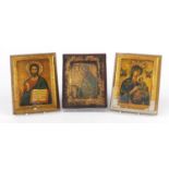 Three gilt Russian Orthodox icons, the largest 19cm x 15cm