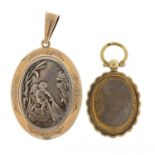 Large silver and gilt locket embossed with Putti with a fishing net and antique gilt metal locket,