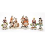 Five Continental porcelain figures/groups including two pairs, one by Unter Weiss Bach, the