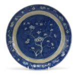 Chinese blue and white porcelain plate hand painted with prunus flowers, 28cm in diameter