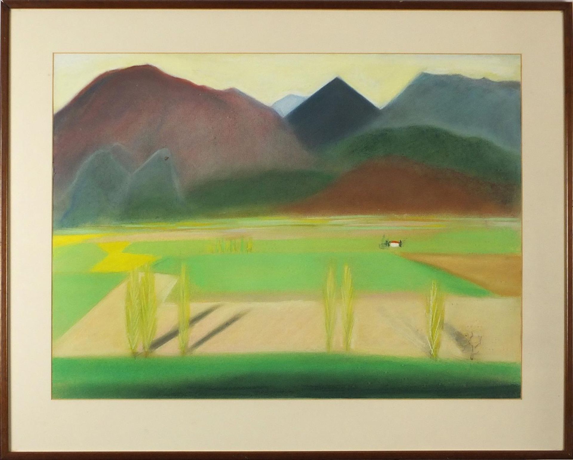 Kate Gault - Mountainous landscape, signed coloured crayon, label verso, mounted, framed and glazed, - Image 2 of 2