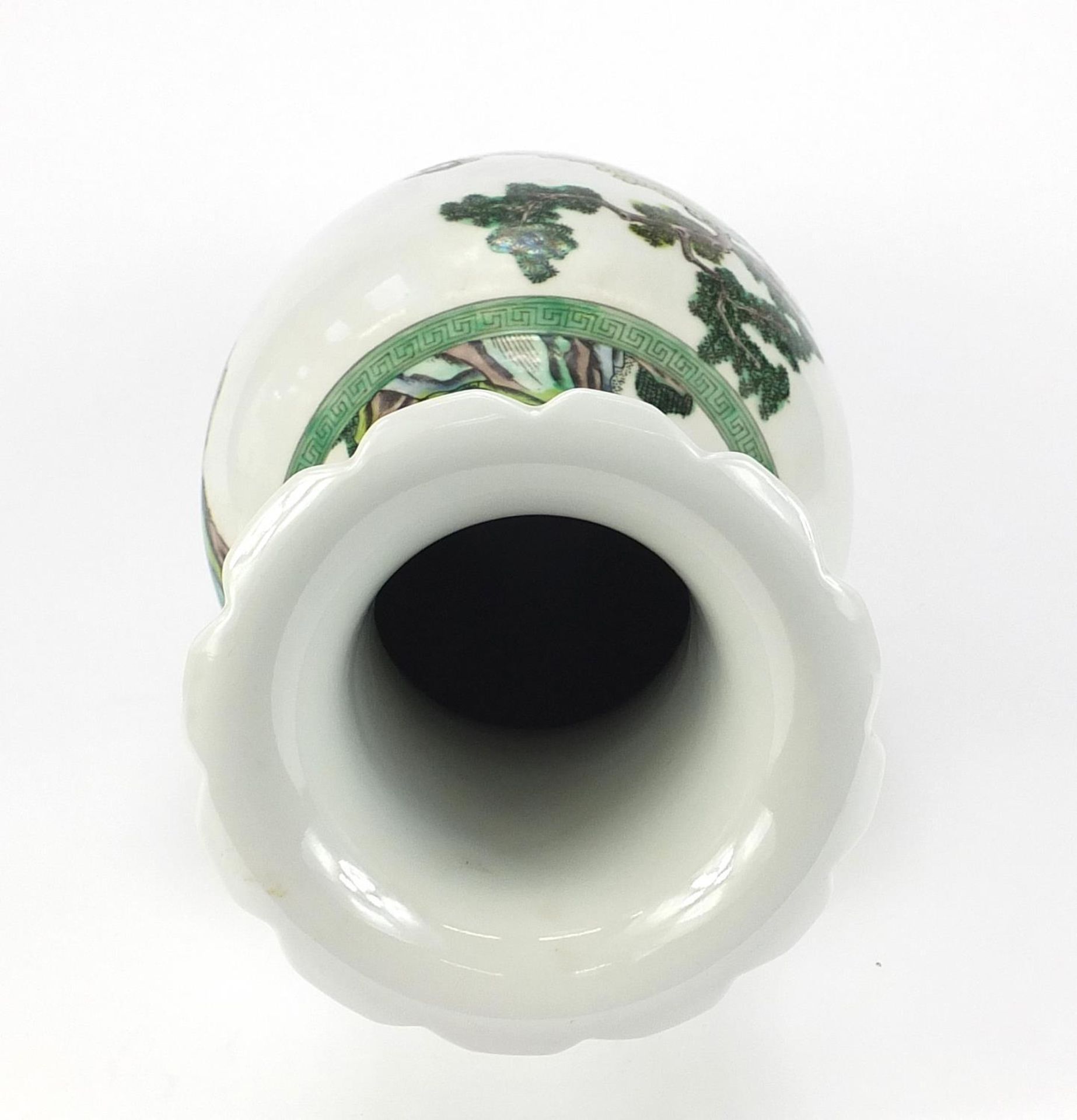 Chinese porcelain vase hand painted in the famille verte palette with figures in a landscape, six - Image 5 of 8