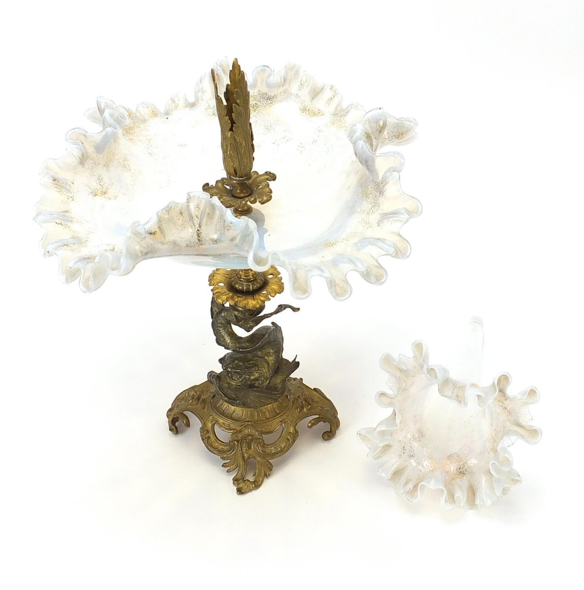 19th century opaline glass and gilt bronze dolphin centrepiece with frilled glass flute, 56cm high - Image 6 of 6