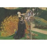Slade - Pre Raphaelite Lady with peacocks and blossom before landscape, watercolour, mounted, framed