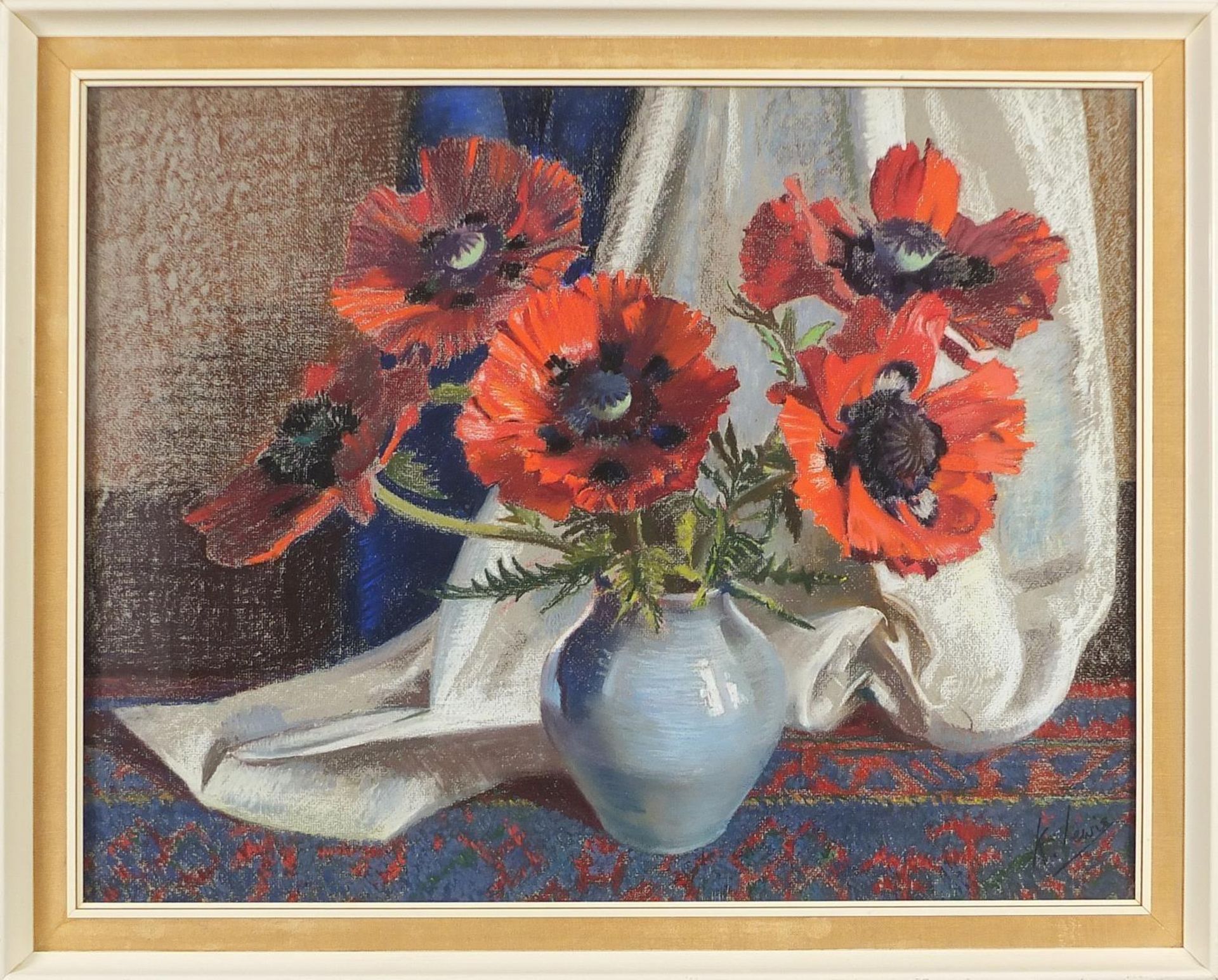 Kathleen Lewis - Red poppies, pastel, mounted, framed and glazed, 61cm x 47cm excluding the mount - Image 2 of 5