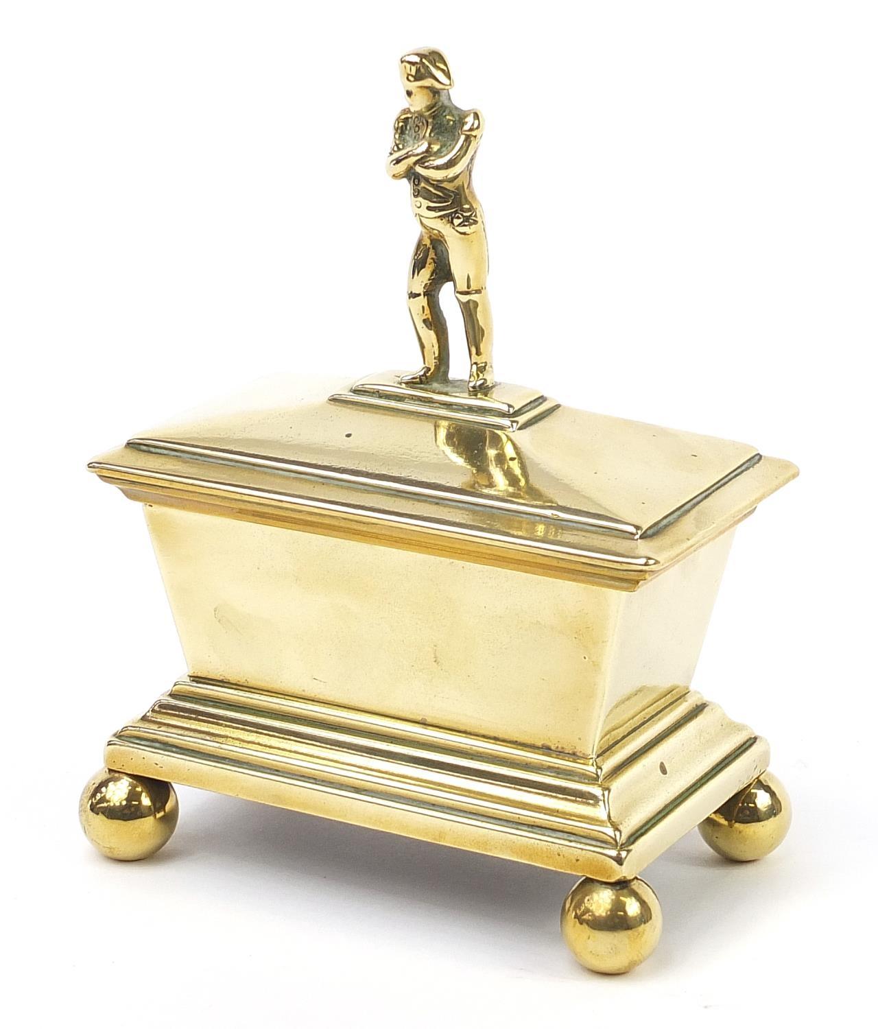 Victorian Napoleon design tobacco box with lead lining, 16cm H x 11.5cm W x 9cm D