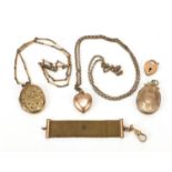 Antique and later gold coloured metal jewellery including two oval lockets, love heart pendant on