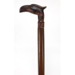 Hardwood walking stick with bronzed bird head design handle, 93.5cm in length
