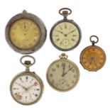 Five antique and later open face pocket watches including an Elgin timer, the largest 54mm in
