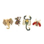 Four jewelled and enamel brooches comprising scorpion, koala, bumble bee and elephant, the largest