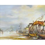 H J Richards - Continental harbour with ships, oil on board, mounted and framed, 37cm x 28.5cm