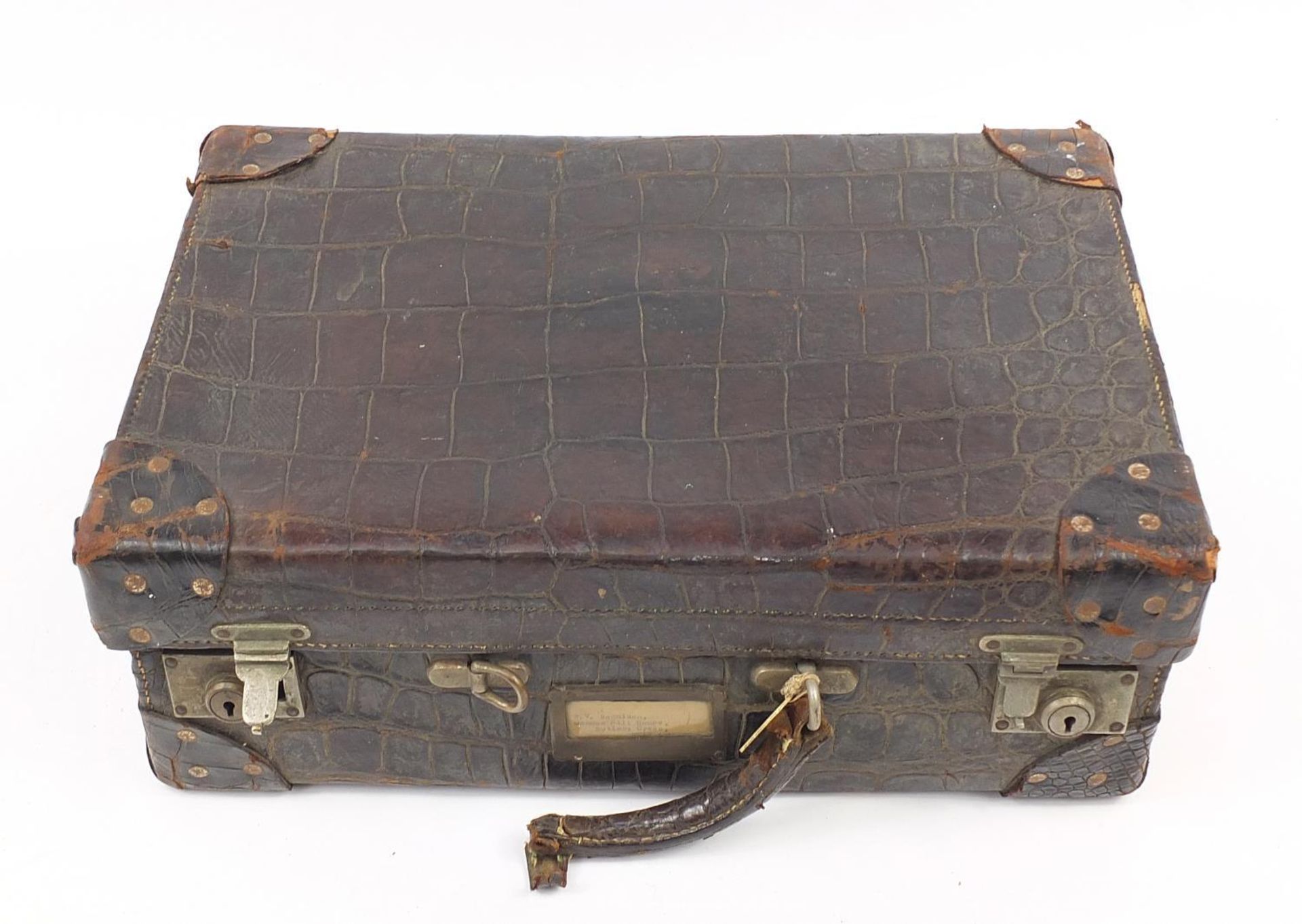 Early 20th century taxidermy interest crocodile skin suitcase, 34.5cm H x 51cm W x 17cm D - Image 4 of 6