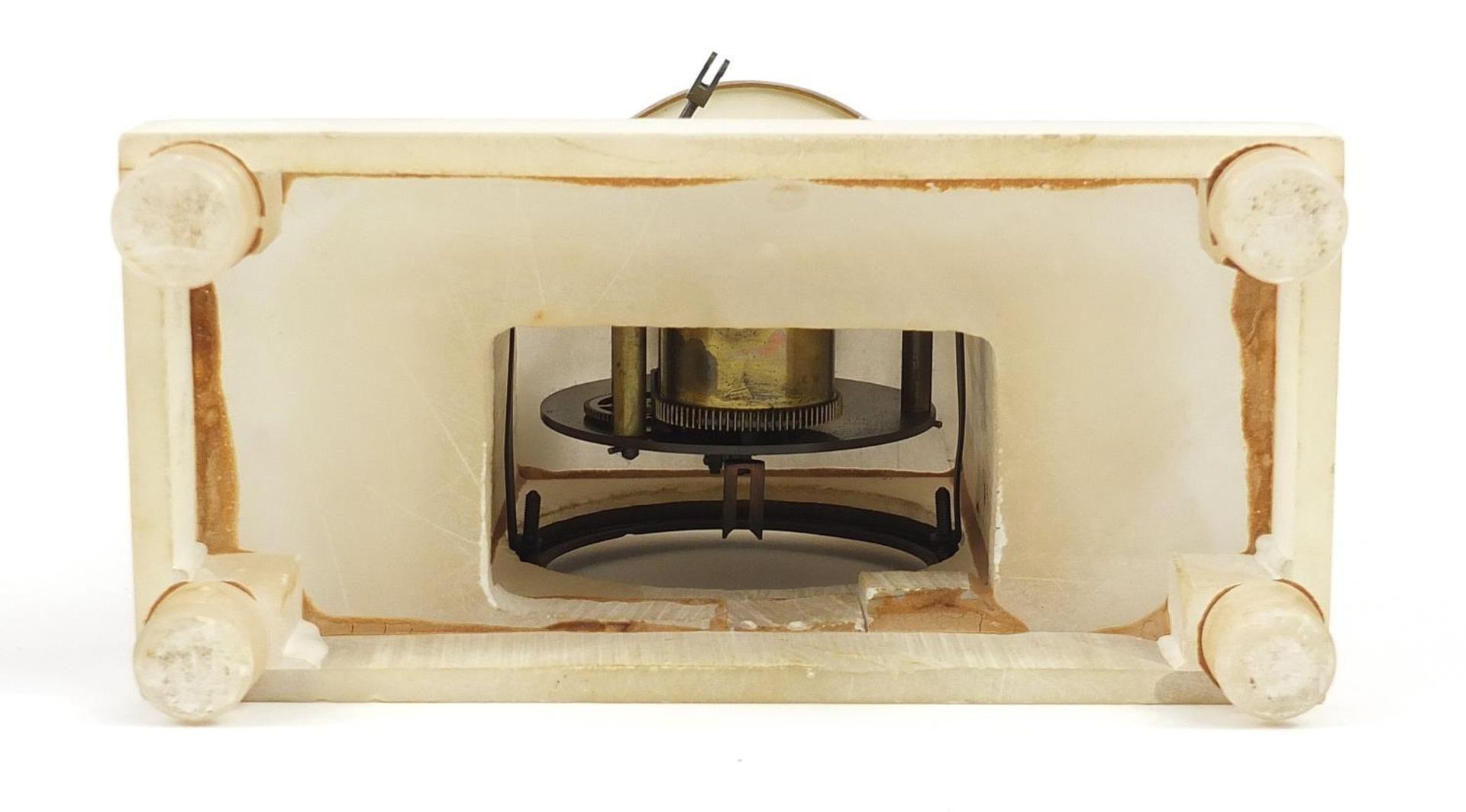 German brass anniversary clock and alabaster mantle clock with enamel dial, the largest 25.5cm high - Image 6 of 6