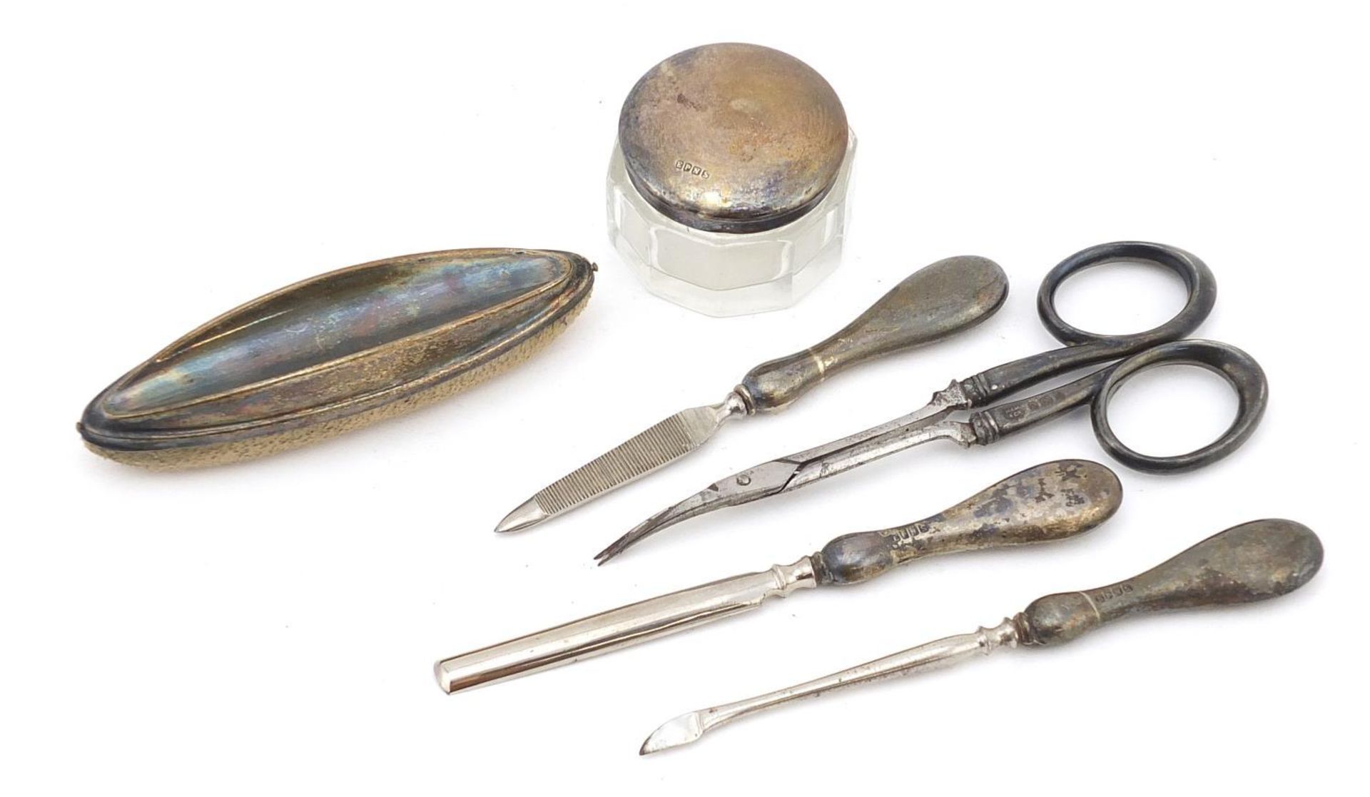 19th century silver plated six piece vanity tool set housed in a velvet and silk lined fitted case - Image 3 of 7
