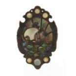 Arts & Crafts silver and mother of pearl brooch depicting a view of a Viking long boat before