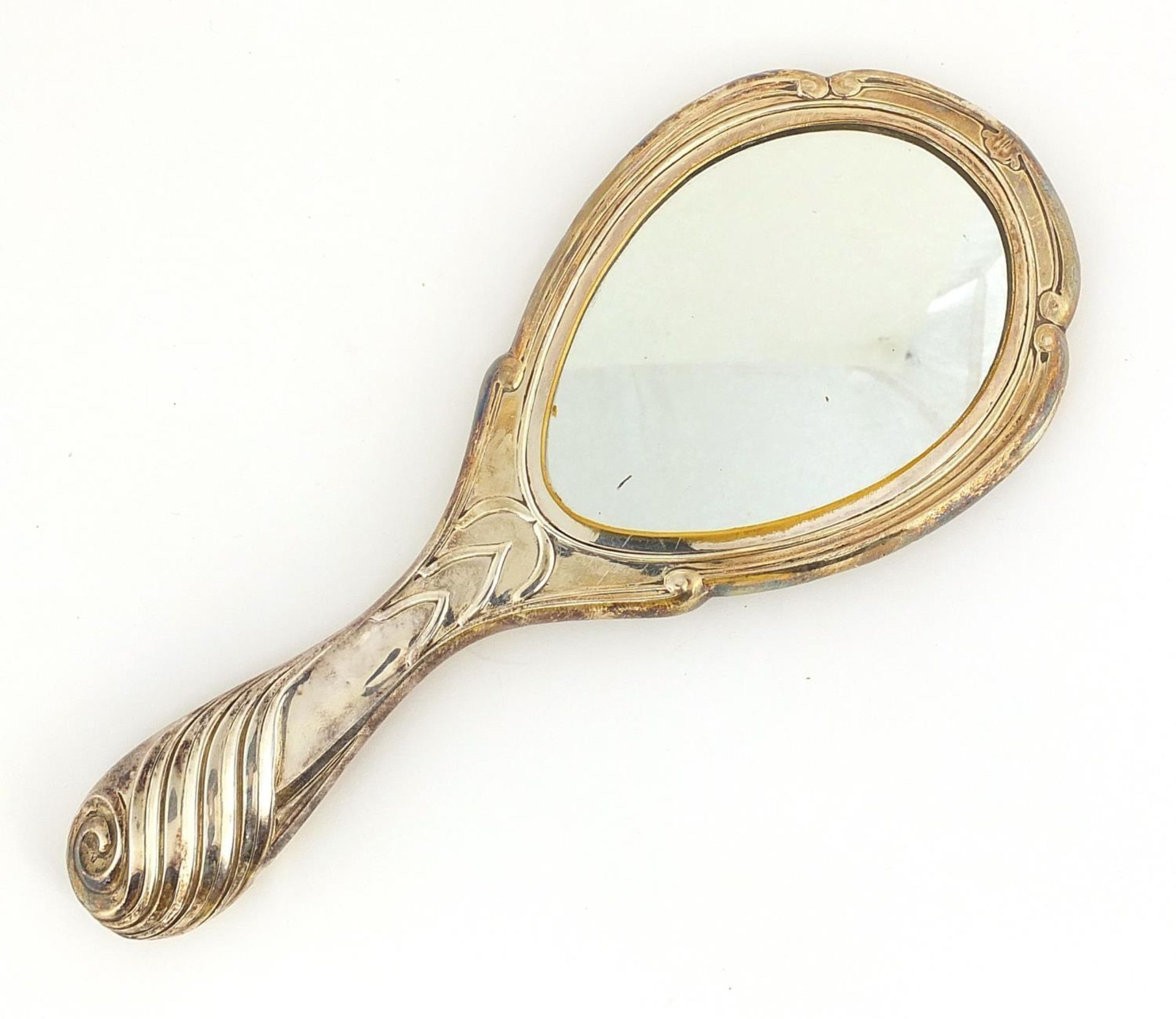 Henry Matthews, Art Nouveau silver hand mirror embossed with peacocks, Birmingham 1901, 27cm in - Image 2 of 3
