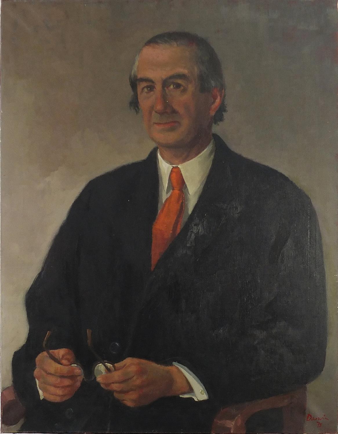 Darwin 1973 - Portrait of a gentleman holding glasses, signed oil on canvas, unframed, 91.5cm x 71cm