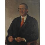 Darwin 1973 - Portrait of a gentleman holding glasses, signed oil on canvas, unframed, 91.5cm x 71cm