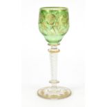 Bohemian wine glass with gilt foliate bowl and spiral twist stem in the style of Moser, 9cm high