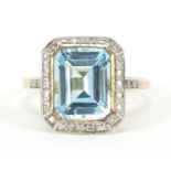 9ct gold blue topaz and diamond ring, size Q, 3.6g