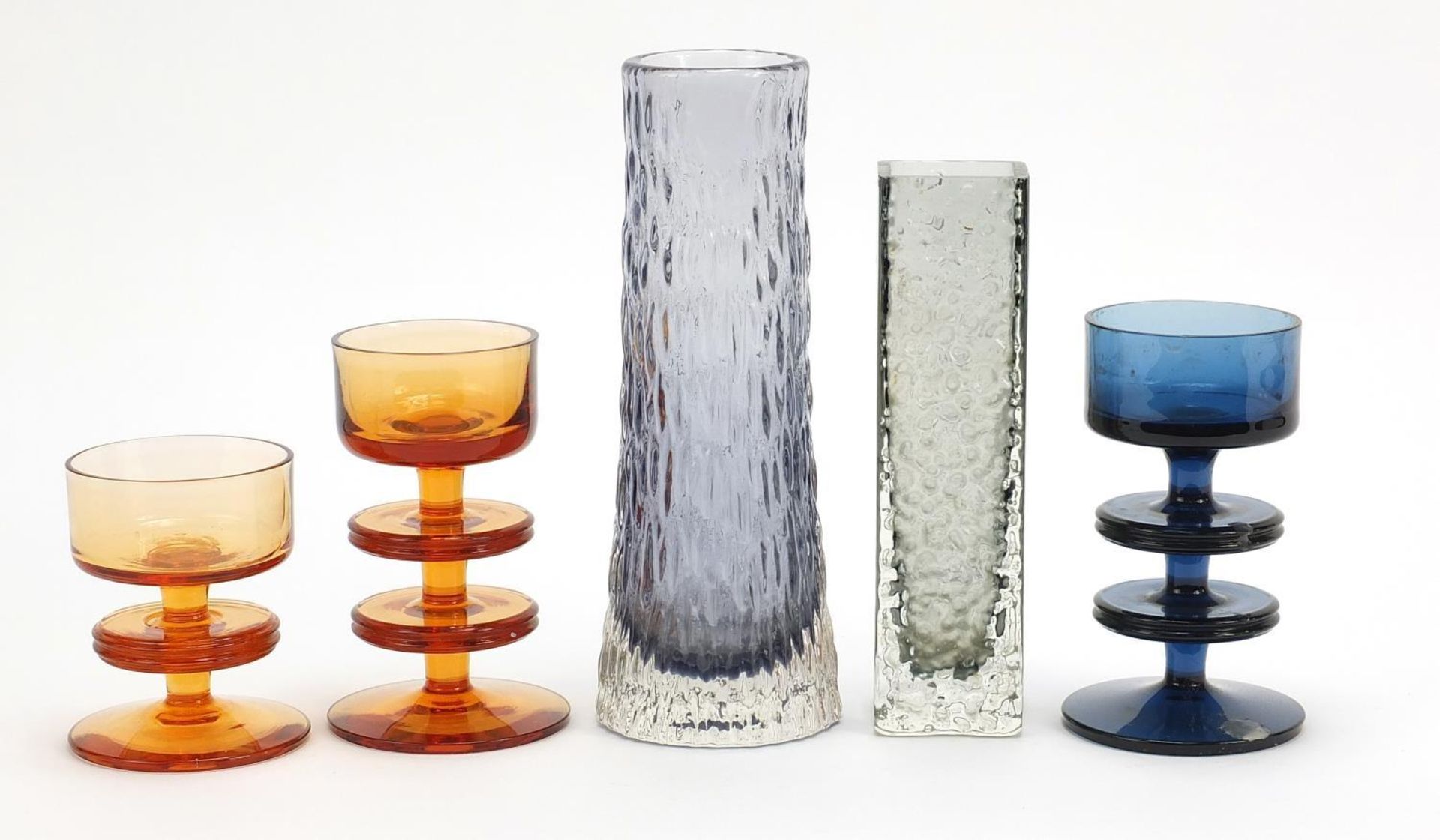 Art glassware comprising two Whitefriars vases and three Wedgwood candle holders designed by