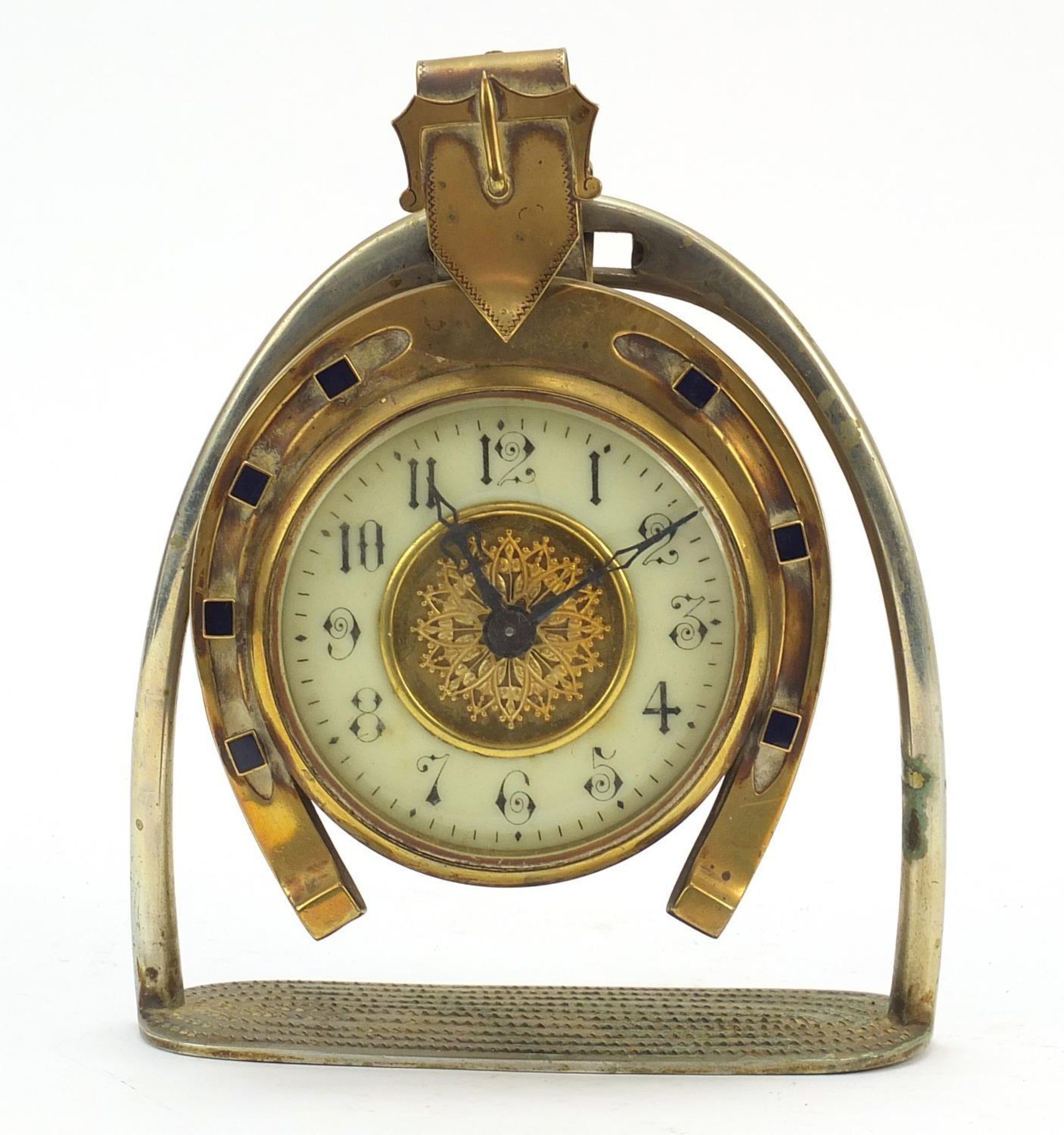 19th century horseshoe and stirrup design mantle clock with enamel dial having arabic numerals, 20cm