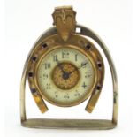 19th century horseshoe and stirrup design mantle clock with enamel dial having arabic numerals, 20cm