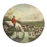 Huntsman with hounds, 19th century circular oil on board, framed, 26cm in diameter excluding the
