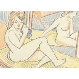 Two nude females in an interior, chalk and crayon, bearing an indistinct obscured signature,