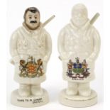 Two military interest crested china figures of Old Bill including one inscribed Yours to a cinder