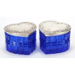 Lauren Victoria, pair of blue cut glass love heart shaped boxes with sterling silver lids, 4.5cm