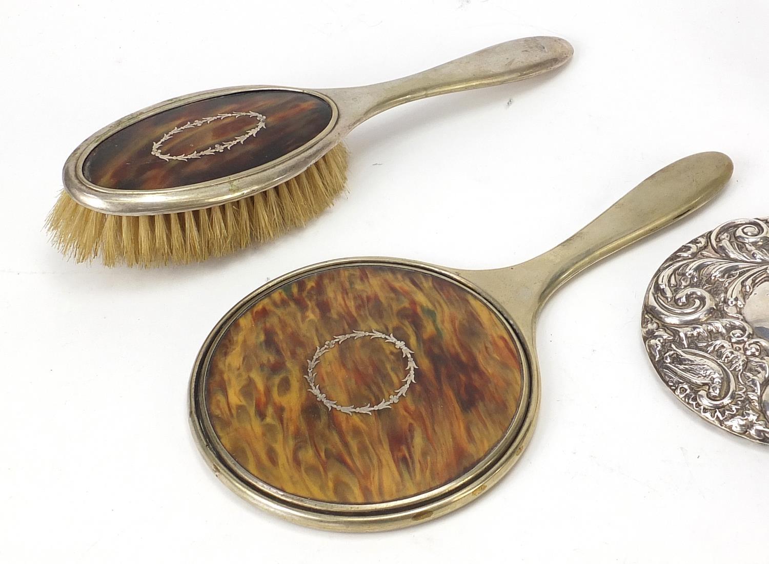 Vanity items including piqué work design hand mirror and brush and sterling silver hand mirror and - Image 2 of 7
