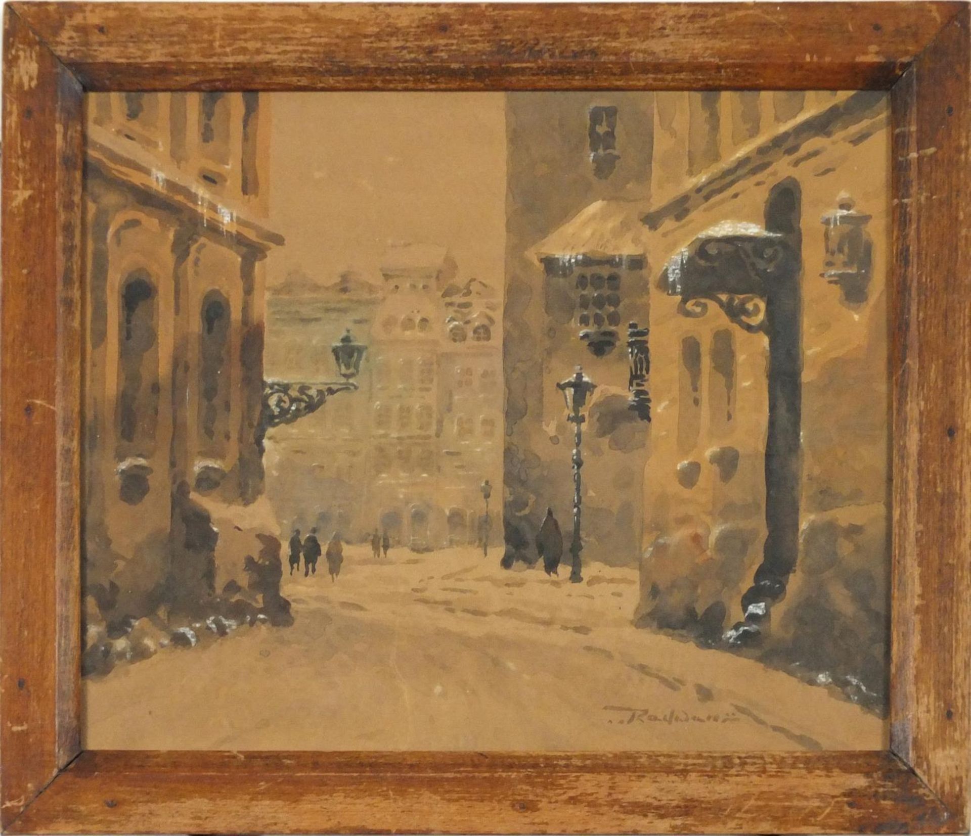 Radan Rolandson? - Snowy street scene, watercolour on board, mounted in an oak frame, 28cm x 22cm - Image 2 of 4