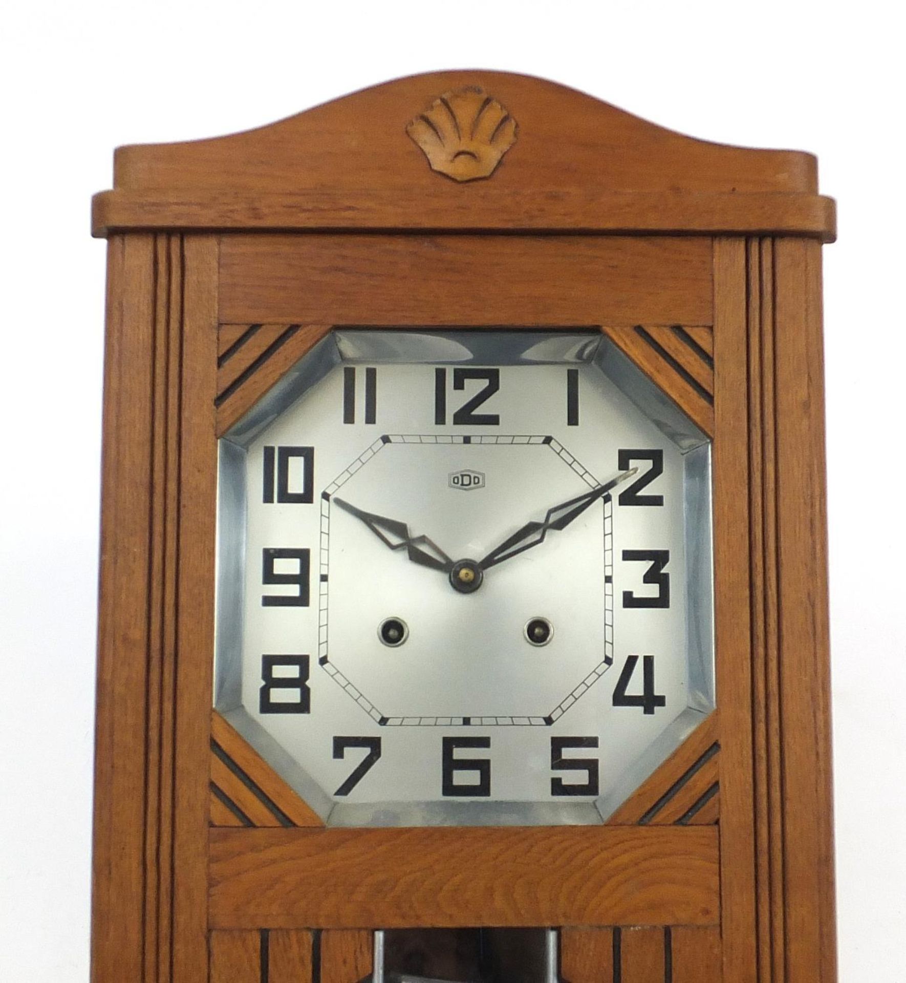 French Art Deco oak wall clock with silvered dial having Arabic numerals, 61.5cm high - Image 2 of 3