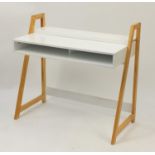 Contemporary light wood and melamine desk, 92.5cm H x 100cm W x 52cm D