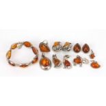 Silver and amber jewellery including bracelet, earrings and animal pendants, 69.5g