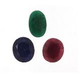 Three gemstones with certificates, comprising blue sapphire, approximately 12.25 carat, ruby,