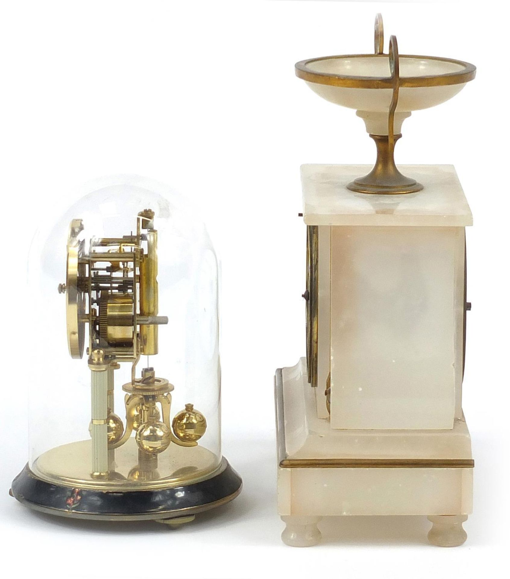 German brass anniversary clock and alabaster mantle clock with enamel dial, the largest 25.5cm high - Image 2 of 6